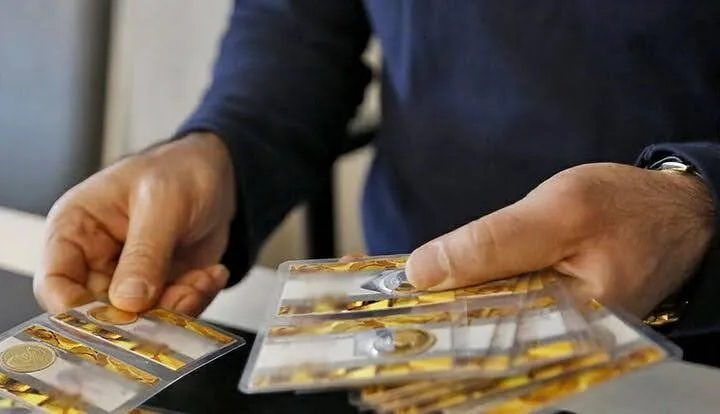 تصویر دستان یک مرد طلافروش در حال بررسی چندین بسته سکه پارسیان