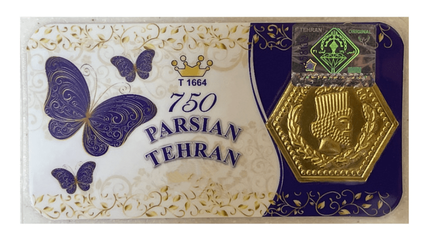 یک سکه گرمی طلا پارسیان بر روی یک کارت با زمینه آبی