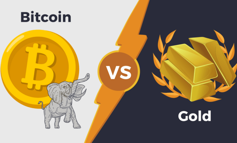 تصویری از مقایسه سکه بیت کوین و شمش طلا
