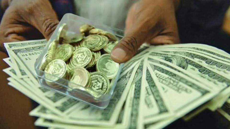 نمای بالا از جعبه‌ای پر از سکه‌های بهار آزادی بدون پرس و مقداری دلار در دستان یک فروشنده سکه در بازار آزاد 