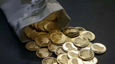 چند سکه طلا که از یک کیسه پارچه‌ای بیرون ریخته