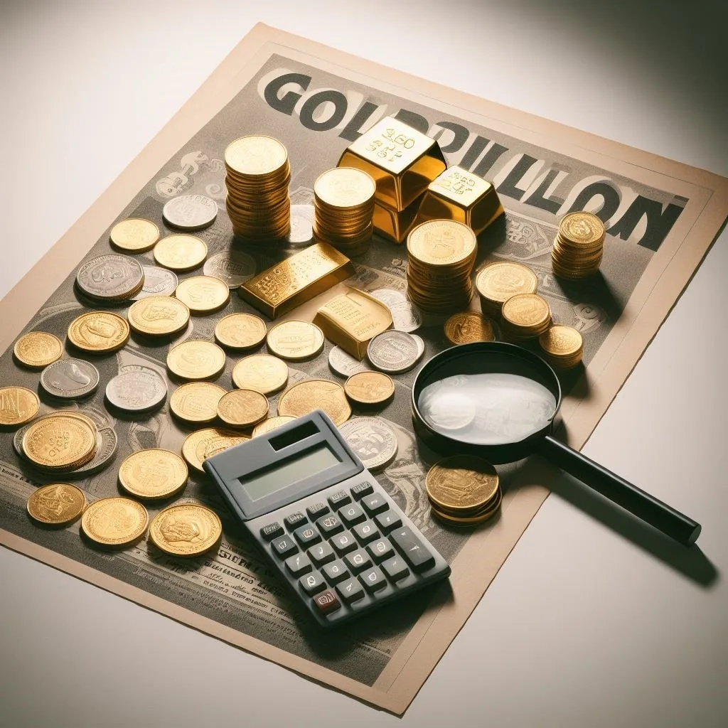 تعدادی سکه و شمش طلا بر روی یک صفحه روزنامه و یک ذره‌بین و ماشین حساب
