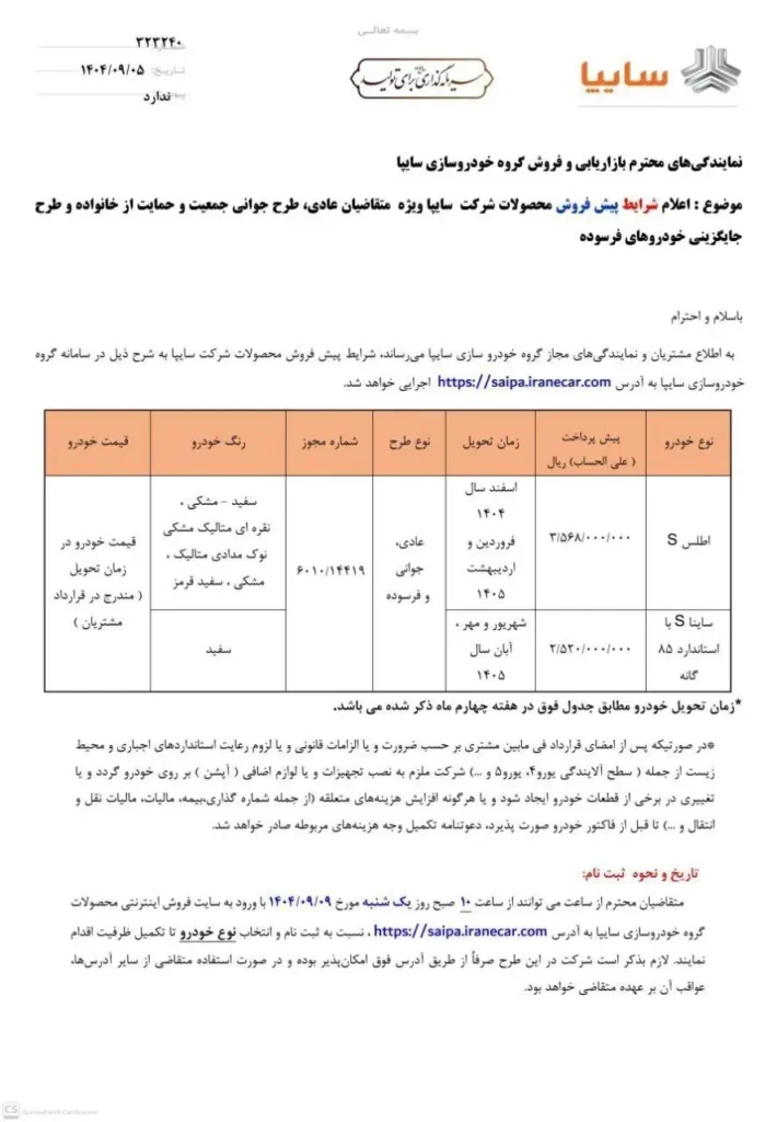 فروش ساینا و اطلس امروز چهارشنبه ۵ آذر ۱۴۰۴