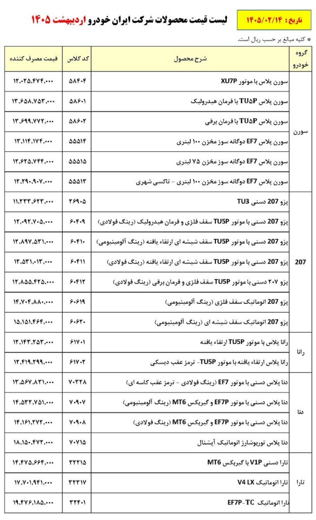 قیمت ایران خودرو اردیبهشت ۱۴۰۵