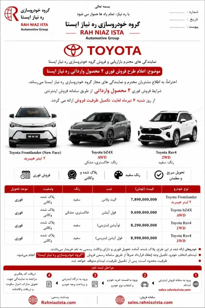شرایط فروش فوری چهار شاسی بلند تویوتا تیر ۱۴۰۵