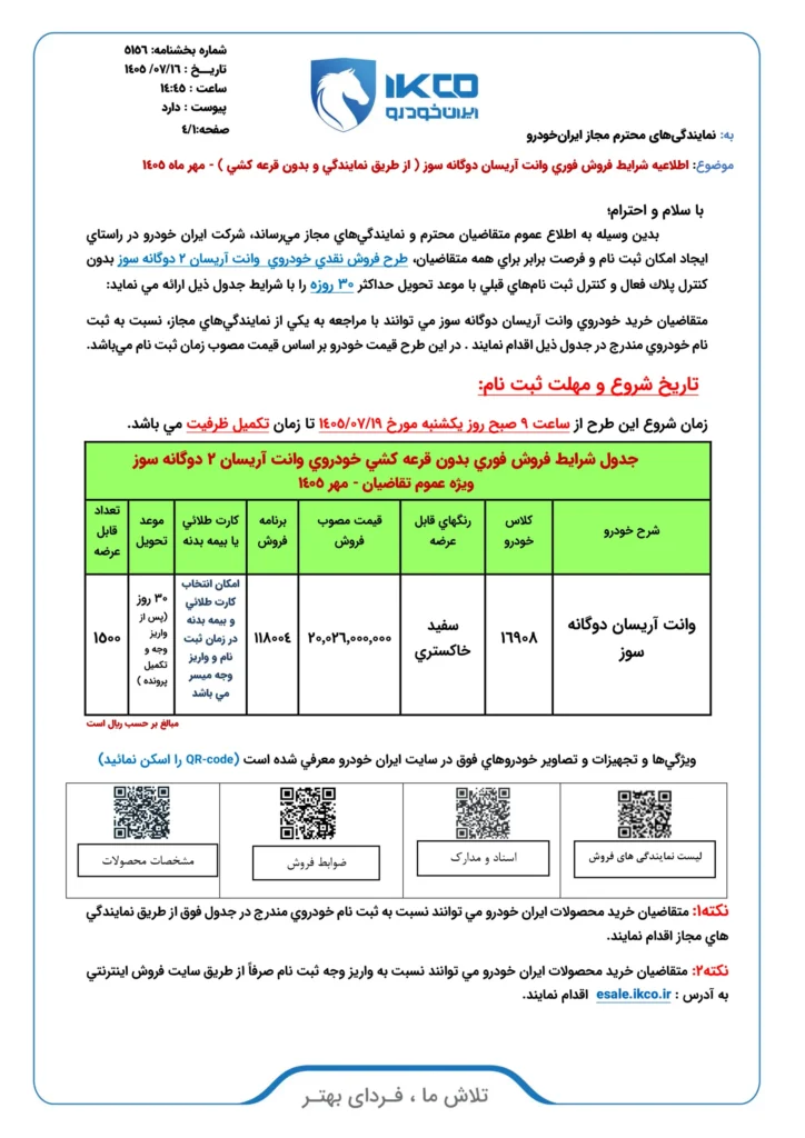 جزئیات بخشنامه فروش آریسان ۲ – مهر ۱۴۰۵